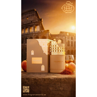 Fragrance World Colosseum EDP 100 ml — product en verpakking; zeer nabije close-up; op een witte achtergrond