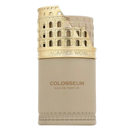 Fragrance World Colosseum EDP 100 ml — productweergave; close-up; op een witte achtergrond; meest nabije kadrering