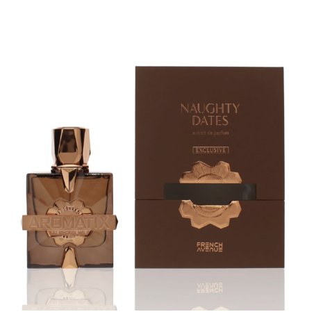 Fragrance World Aromatix Naughty Dates EDP 100 ml — tuotepakkaus; lähikuva; valkoisella taustalla
