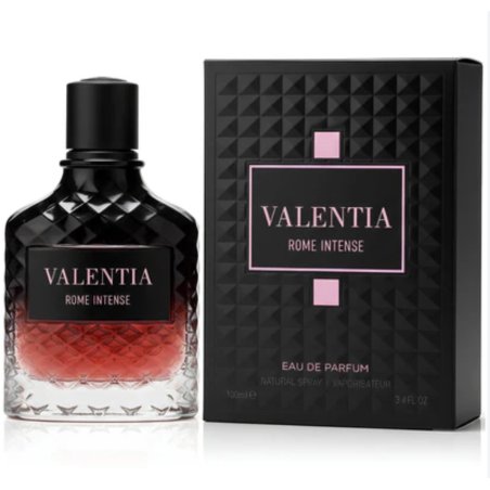Fragrance World Valentia Rome Intense EDP 100 ml — produktas ir pakuotė; stambus planas; baltame fone; artimiausias kadras