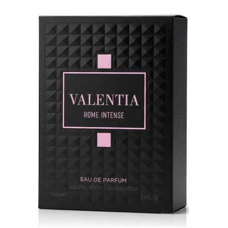 Fragrance World Valentia Rome Intense EDP 100 ml — produkto pakuotė; stambus planas; baltame fone