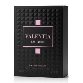 Fragrance World Valentia Rome Intense EDP 100 ml — produkto pakuotė; stambus planas; baltame fone