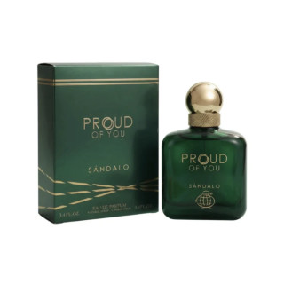 Fragrance World Proud of You Sandalo EDP 100 ml — продукт и опаковка; близък план; на бял фон; среден кадър