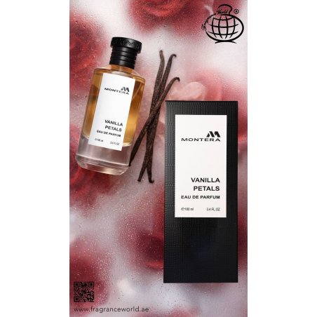 Fragrance World Montera Vanilla Petals EDP 100 ml — productweergave; close-up; op een witte achtergrond