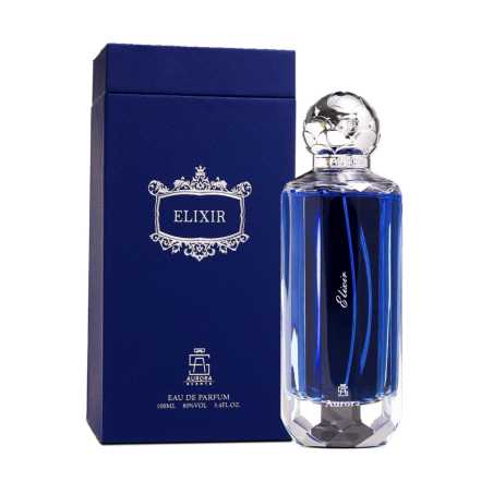 Aurora Scents Elixir EDP 100 ml — товар и упаковка; крупный план; на белом фоне