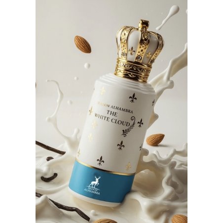 Lattafa Perfume The White Cloud Maison EDP 100 ml — produktvisning; meget tæt nærbillede; på hvid baggrund