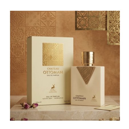 Lattafa Perfume Chateau Ottoman Maison EDP 100 ml — toote vaade; väga lähivõte; valgel taustal; kõige laiem kadreering