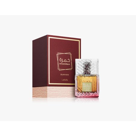 Lattafa Perfume Khamrah Dukhan EDP 100 ml — товар и упаковка; полная композиция; на белом фоне