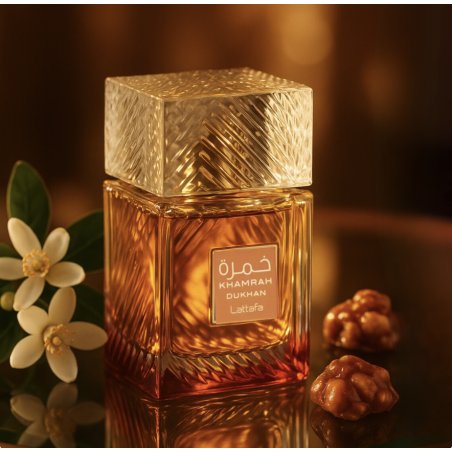 Lattafa Perfume Khamrah Dukhan EDP 100 ml — изображение товара; очень крупный план; на тёмном фоне