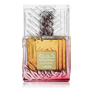 Lattafa Perfume Khamrah Dukhan EDP 100 ml — товар спереди; крупный план; на белом фоне