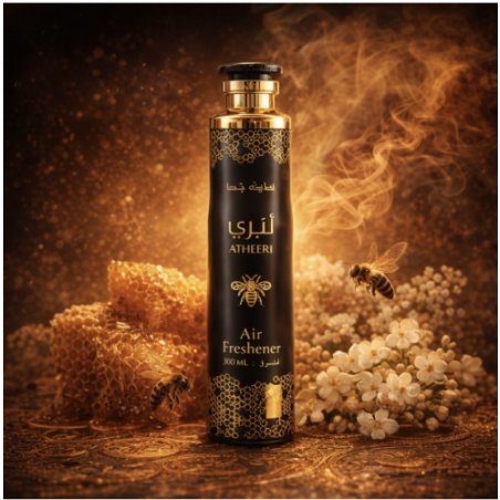 Lattafa Perfume Atheeri 300 ml — изображение товара; очень крупный план; на тёмном фоне
