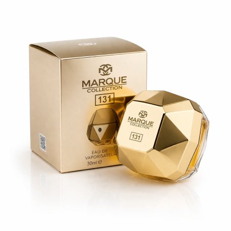 Fragrance World Marque 131 EDP 30 ml — productverpakking; volledige compositie; op een witte achtergrond; meest nabije kadrering