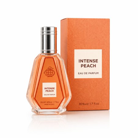 Fragrance World Intense peach EDP 50 ml — товар и упаковка; полная композиция; на белом фоне