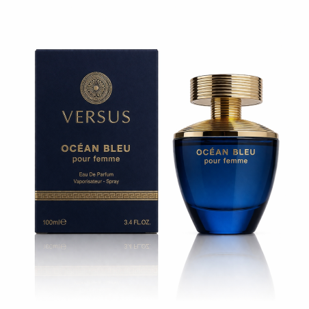 Fragrance World Versus Ocean Bleu Pour Femme EDP 100 ml — widok produktu; zbliżenie; na białym tle; najszersze kadrowanie