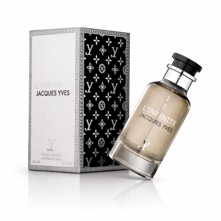 Fragrance World L'Infinite Jacques Yves EDP 100 ml — toode ja pakend; täiskompositsioon; valgel taustal