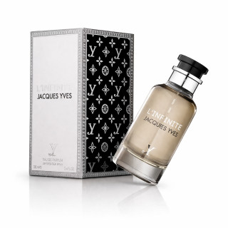Fragrance World L'Infinite Jacques Yves EDP 100 ml — toode ja pakend; täiskompositsioon; valgel taustal