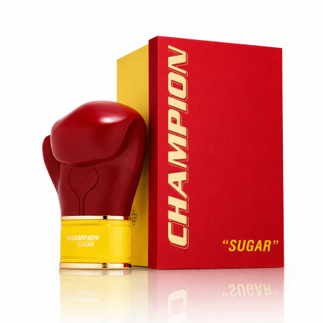 Fragrance World Champion Sugar EDP 80 ml — produkto pakuotė; artimas vaizdas; baltame fone; artimiausias kadras