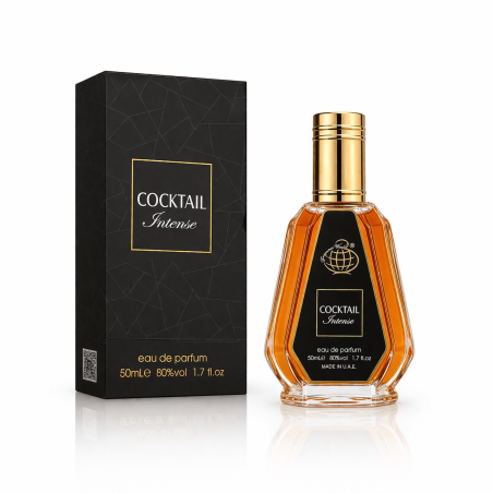 Fragrance World Cocktail Intense EDP 50 ml — товар и упаковка; крупный план; на белом фоне
