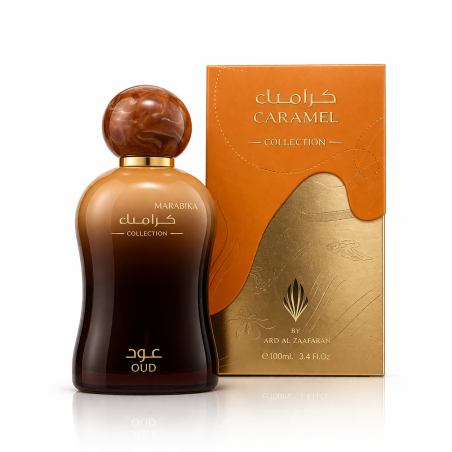 Lattafa Perfume Caramel Oud EDP 100 ml — toode ja pakend; lähivaade; valgel taustal