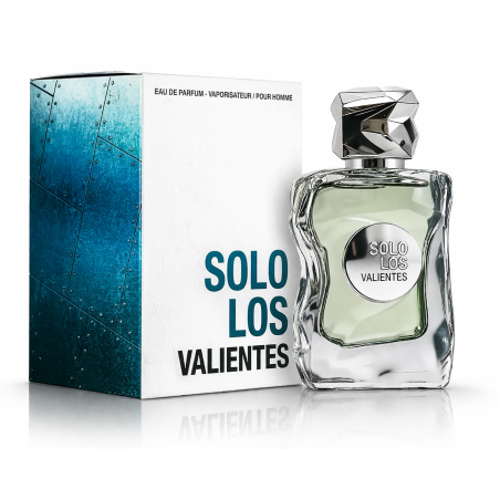 Fragrance World Solo Los Valientes EDP 100 ml — prodotto e confezione; primo piano; su sfondo bianco; inquadratura più larga