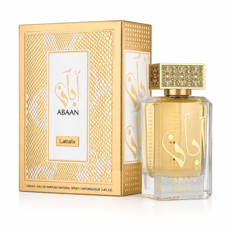 Lattafa Perfume Abaan EDP 100 ml — товар и упаковка; крупный план; на белом фоне