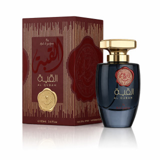 Lattafa Perfume Al QUBAH EDP 100 ml — товар и упаковка; крупный план; на белом фоне