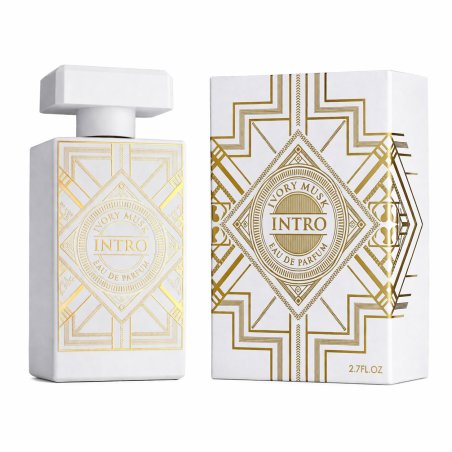 Fragrance World Intro Ivory Musk EDP 100 ml — ambalajul produsului; prim-plan; pe fundal alb