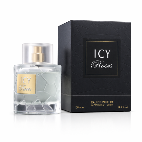 Fragrance World Icy Roses EDP 100 ml — toode ja pakend; lähivaade; valgel taustal