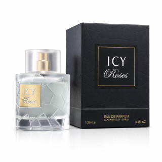 Fragrance World Icy Roses EDP 100 ml — producto y embalaje; primer plano; sobre fondo blanco