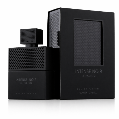 Fragrance World Intense Noir Le Parfum EDP 100 ml — упаковка товара; очень крупный план; на белом фоне