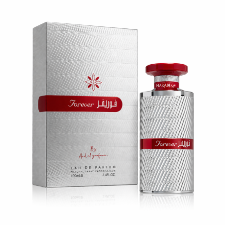 Lattafa Perfume Forever Red EDP 100 ml — toode ja pakend; lähivaade; valgel taustal