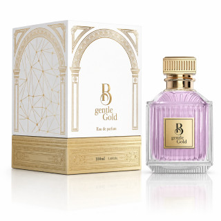 Fragrance World B Gentle Gold EDP 100 ml — toode stiliseeritud keskkonnas; lähivaade; valgel taustal