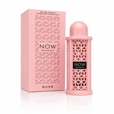 Lattafa Perfume Rave Now Women EDP 100 ml — produkto pakuotė; artimas vaizdas; baltame fone