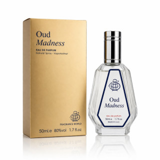 Fragrance World Oud Madness EDP 50 ml — товар и упаковка; крупный план; на белом фоне