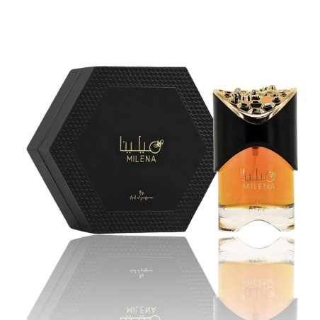 Lattafa Perfume Milena EDP 100 ml — упаковка товара; крупный план; на белом фоне