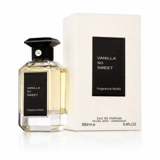 Fragrance World Vanilla So Sweet EDP 100 ml — produkts un iepakojums; pilna kompozīcija; uz balta fona; visplašākais kadrējums