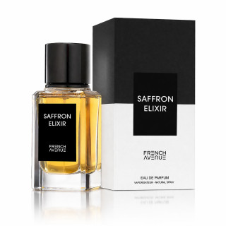 Fragrance World Saffron Elixir EDP 100 ml — product en verpakking; close-up; op een witte achtergrond; ruimste kadrering