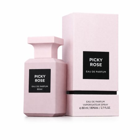 Fragrance World Picky Rose EDP 80 ml — productverpakking; volledige compositie; op een witte achtergrond