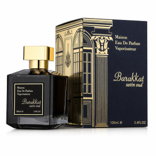 Fragrance World Barakkat Satin Oud EDP 100 ml — toode ja pakend; väga lähivõte; valgel taustal; kõige laiem kadreering