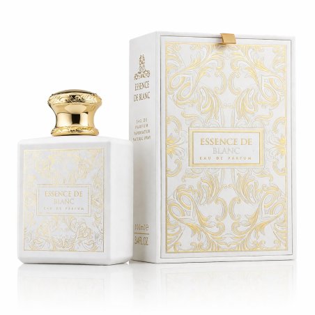Fragrance World Essence De Blanc EDP 100 ml — товар и упаковка; крупный план; на белом фоне