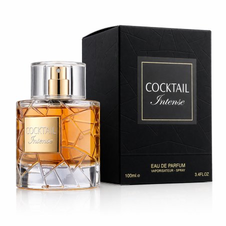 Fragrance World Cocktail Intense EDP 100 ml — tuote ja pakkaus; lähikuva; valkoisella taustalla; tiukin rajaus