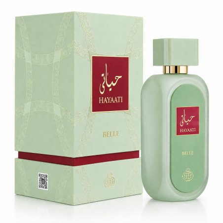 Fragrance World Hayaati Belle EDP 100 ml — produktas ir pakuotė; stambus planas; baltame fone; plačiausias kadras