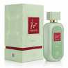 Fragrance World Hayaati Belle EDP 100 ml — produktas ir pakuotė; stambus planas; baltame fone; plačiausias kadras