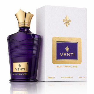 Fragrance World Venti Silky Princess EDP 100 ml — toode ja pakend; lähivaade; valgel taustal; kõige laiem kadreering