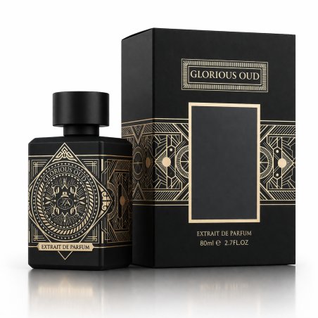 Fragrance World Glorious Oud Extrait de Parfum 80 ml — toode ja pakend; väga lähivõte; valgel taustal; kõige laiem kadreering