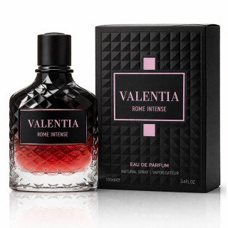 Fragrance World Valentia Rome Intense EDP 100 ml — produktas ir pakuotė; stambus planas; baltame fone; vidutinis kadras