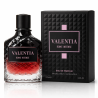 Fragrance World Valentia Rome Intense EDP 100 ml — produktas ir pakuotė; stambus planas; baltame fone; vidutinis kadras