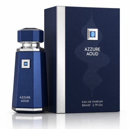 Fragrance World Azzure Aoud EDP 100 ml — toote pakend; väga lähivõte; valgel taustal