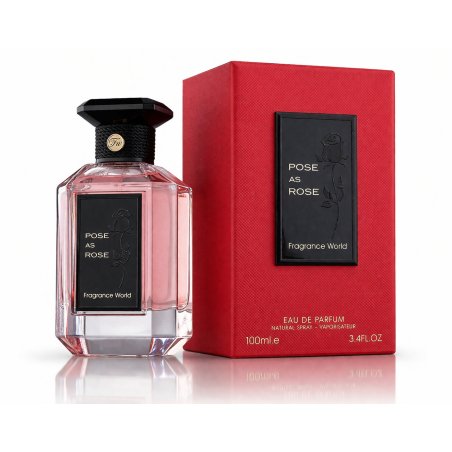 Fragrance World Pose as rose EDP 100 ml — toode ja pakend; lähivaade; valgel taustal; keskmine kadreering