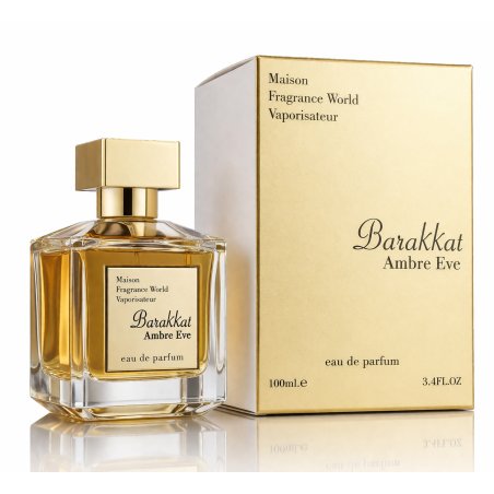 Fragrance World Barakkat Ambre Eve EDP 100 ml — toode ja pakend; lähivaade; valgel taustal; keskmine kadreering